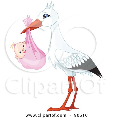 Royalty-Free (RF) Clipart Illustration of a White And Black Stork Carrying A Bundled Baby Girl by Pushkin