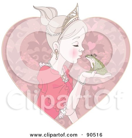 Royalty-Free (RF) Clipart Illustration of a Beautiful Princess Kissing A Frog Prince, Over A Pink Heart by Pushkin