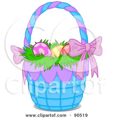 Royalty-Free (RF) Clipart Illustration of Easter Eggs On Grass In A Purple And Blue Basket by Pushkin