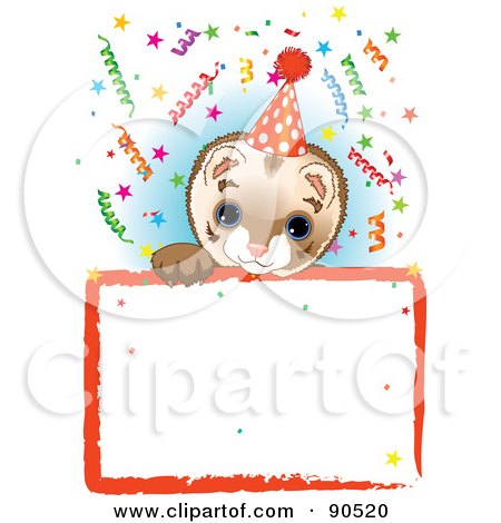 Royalty-Free (RF) Clipart Illustration of an Adorable Ferret Wearing A Party Hat, Looking Over A Blank Starry Sign With Colorful Confetti by Pushkin