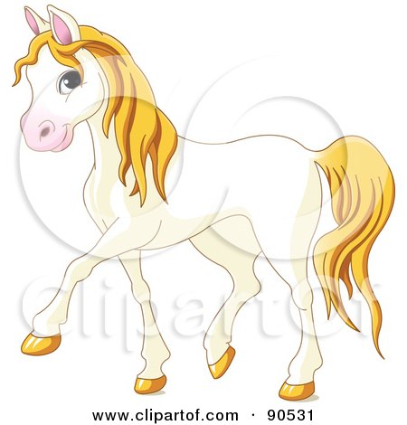 Royalty-Free (RF) Clipart Illustration of a Cute Walking White Horse With Yellow Hair by Pushkin