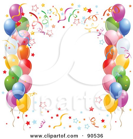 Royalty-Free (RF) Clipart Illustration of a Border Of Colorful Confetti And Party Balloons Around White Space by Pushkin