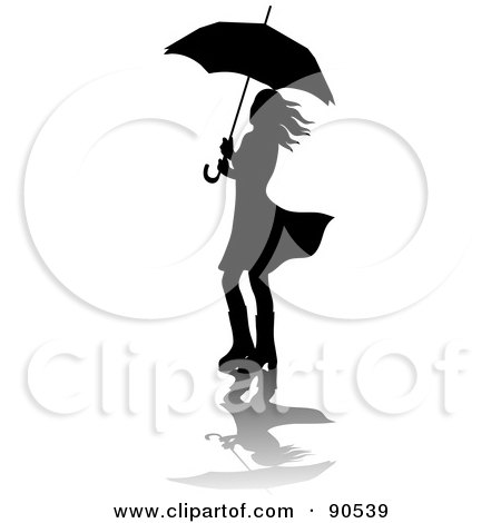 Royalty-Free (RF) Clipart Illustration of a Silhouetted Woman Walking In Rain Boots Under An Umbrella by Rosie Piter
