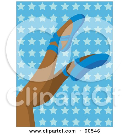 Royalty-Free (RF) Clipart Illustration of an African Woman's Legs In Blue Ballet Slippers, Over A Blue Heart Background by Rosie Piter