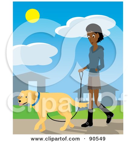 Royalty-Free (RF) Clipart Illustration of a Pretty Indian Woman Walking Through Her Neighborhood With Her Golden Retriever Dog by Rosie Piter