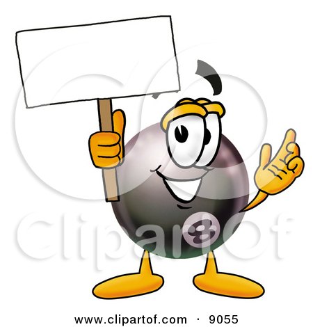 Clipart Picture of an Eight Ball Mascot Cartoon Character Holding a Blank Sign by Mascot Junction