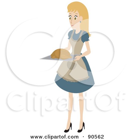 Royalty-Free (RF) Clipart Illustration of a Caucasian Woman Carrying A Turkey On A Tray by Rosie Piter