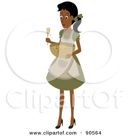 Royalty-Free (RF) Clipart Illustration of an Indian Or African House Wife Mixing A Bowl Of Cookie Dough by Rosie Piter