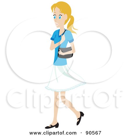 Royalty-Free (RF) Clipart Illustration of a Caucasian Woman Walking With A Purse On Her Shoulder by Rosie Piter