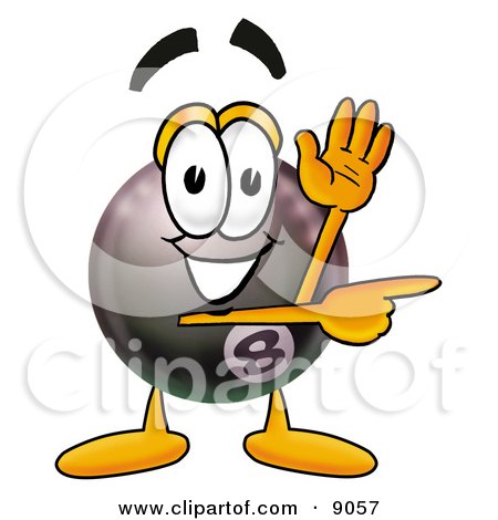 Clipart Picture of an Eight Ball Mascot Cartoon Character Waving and Pointing by Mascot Junction