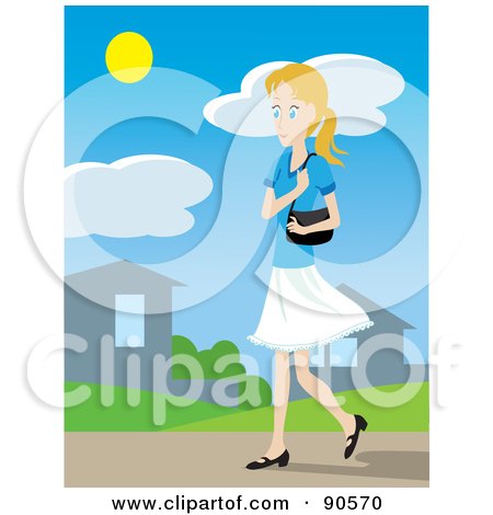 Royalty-Free (RF) Clipart Illustration of a Caucasian Woman With A Purse, Walking Through A Neighborhood by Rosie Piter