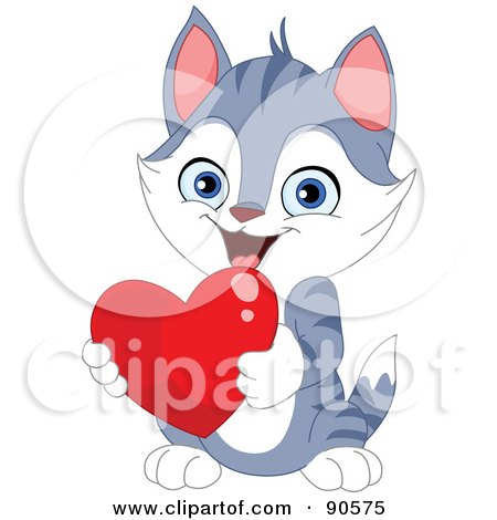 Royalty-Free (RF) Clipart Illustration of a Cute Gray Kitten Holding A Red Heart by yayayoyo