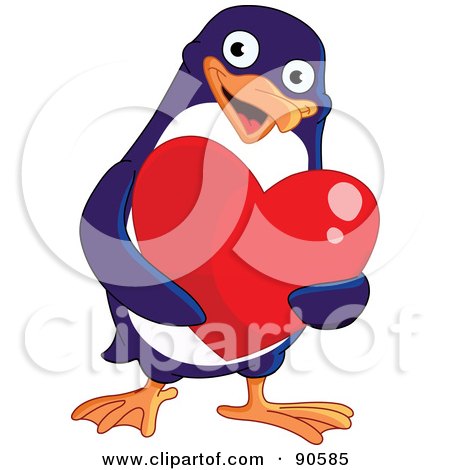 Royalty-Free (RF) Clipart Illustration of a Cute Blue Penguin Holding A Shiny Red Heart by yayayoyo