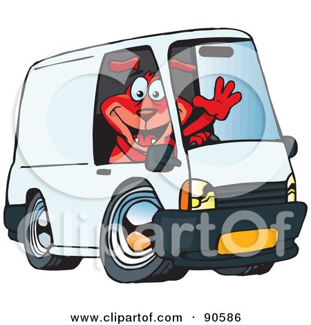 Royalty-Free (RF) Clipart Illustration of a Friendly Red Dog Waving And Driving A White Delivery Van by Dennis Holmes Designs