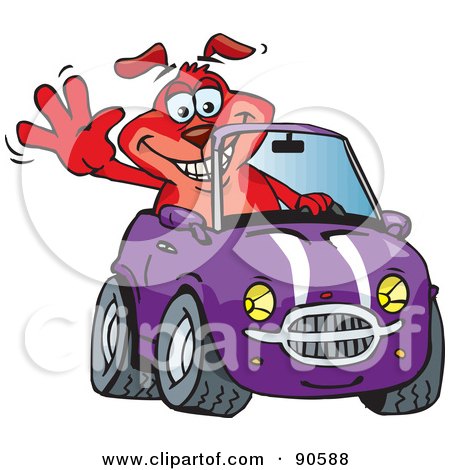 Royalty-Free (RF) Clipart Illustration of a Happy Waving Red Dog Driving A Purple Convertible Car by Dennis Holmes Designs