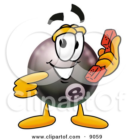 Clipart Picture of an Eight Ball Mascot Cartoon Character Holding a Telephone by Mascot Junction