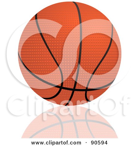 Royalty-Free (RF) Clipart Illustration of a Textured Basketball With Black Lines, Over A Reflective White Background by elaineitalia