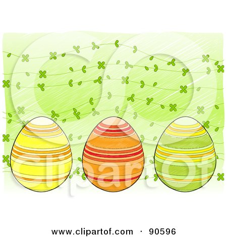 Royalty-Free (RF) Clipart Illustration of a Trio Of Painted Easter Eggs Over A Background Of Clovers On Green by elaineitalia