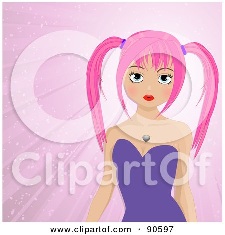 Royalty-Free (RF) Clipart Illustration of a Pink Haired Manga Girl In A Purple Dress, Over A Pink Background by elaineitalia