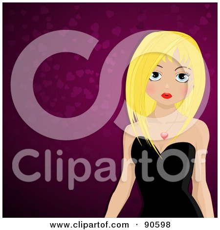 Royalty-Free (RF) Clipart Illustration of a Blond Manga Girl In A Black Dress, Over A Heart Background by elaineitalia