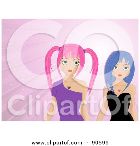 Royalty-Free (RF) Clipart Illustration of Pink And Purple Haired Manga Girls In Purple And Black Dresses, Over A Pink Background by elaineitalia