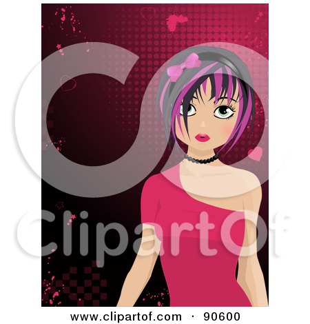 Royalty-Free (RF) Clipart Illustration of a Black Haired Manga Girl In A Pink Dress, Over A Grungy Heart Background by elaineitalia
