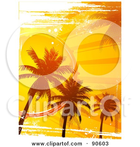 Royalty-Free (RF) Clipart Illustration of a Grungy Background Of An Orange Sunset And Palm Trees by elaineitalia