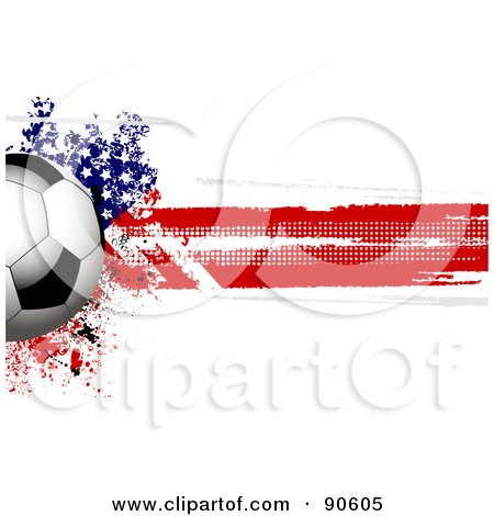 Royalty-Free (RF) Clipart Illustration of a Shiny Soccer Ball Over A Grungy Halftone American Flag by elaineitalia