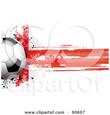 Royalty-Free (RF) Clipart Illustration of a Shiny Soccer Ball Over A Grungy Halftone English Flag by elaineitalia
