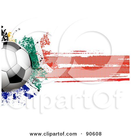 Royalty-Free (RF) Clipart Illustration of a Shiny Soccer Ball Over A Grungy Halftone South African Flag by elaineitalia