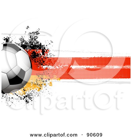 Royalty-Free (RF) Clipart Illustration of a Shiny Soccer Ball Over A Grungy Halftone German Flag by elaineitalia