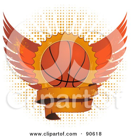 Royalty-Free (RF) Clipart Illustration of a Grungy Basketball Shield With Wings And A Blank Banner Over Halftone by elaineitalia