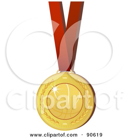 Royalty-Free (RF) Clipart Illustration of a Golden Basketball Medal On A Red Ribbon by elaineitalia