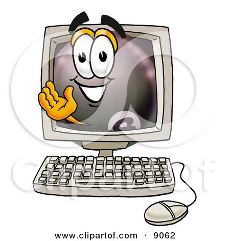 Clipart Picture of an Eight Ball Mascot Cartoon Character Waving From Inside a Computer Screen by Mascot Junction