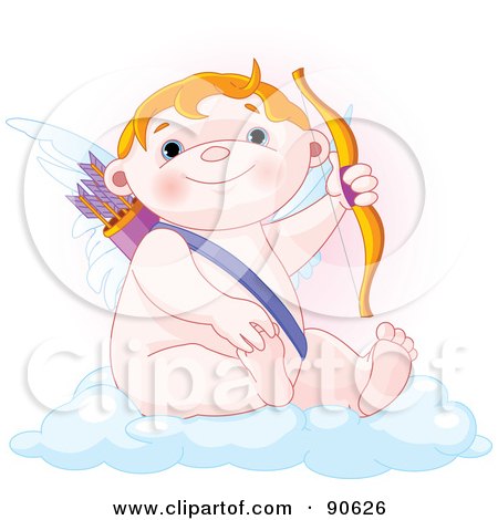 Royalty-Free (RF) Clipart Illustration of a Cute Chubby Cupid Sitting On A Cloud And Holding Up A Bow by Pushkin