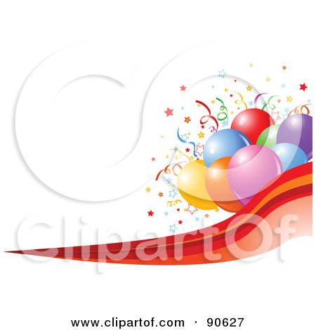 Royalty-Free (RF) Clipart Illustration of a Colorful Party Balloon Cluster With Confetti Over A Red Wave by Pushkin