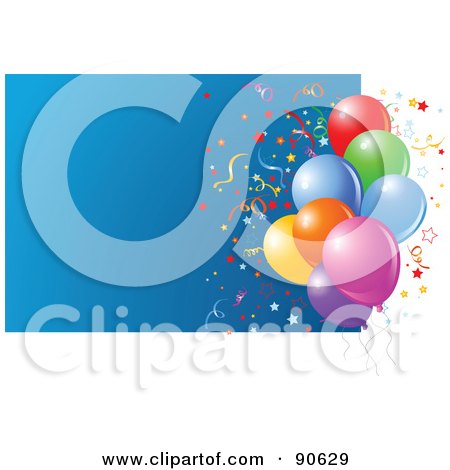 Royalty-Free (RF) Clipart Illustration of a Cluster Of Balloons And Confetti With A Blue Box And White Edges by Pushkin