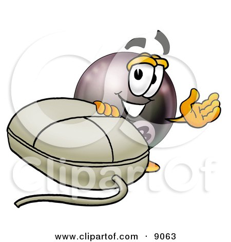 Clipart Picture of an Eight Ball Mascot Cartoon Character With a Computer Mouse by Mascot Junction
