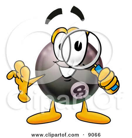 Clipart Picture of an Eight Ball Mascot Cartoon Character Looking Through a Magnifying Glass by Mascot Junction