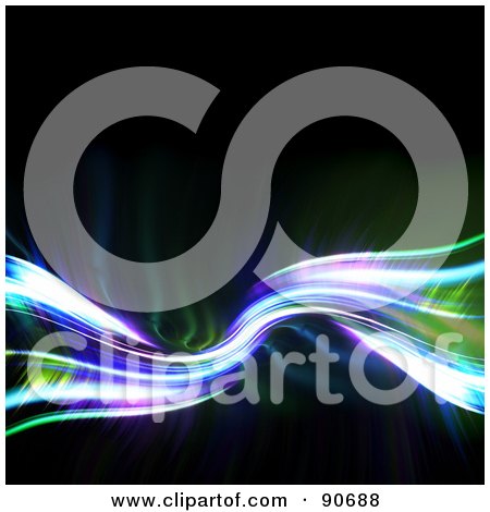 Royalty-Free (RF) Clipart Illustration of a Green And Purple Fractal Wave With Bright Lights On Black by Arena Creative