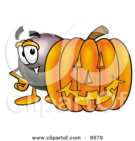 Clipart Picture of an Eight Ball Mascot Cartoon Character With a Carved Halloween Pumpkin by Mascot Junction