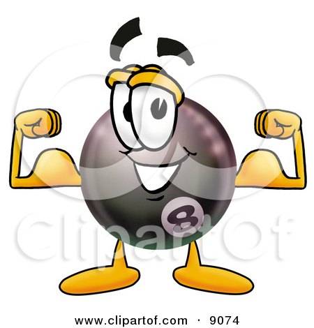 Clipart Picture of an Eight Ball Mascot Cartoon Character Flexing His Arm Muscles by Mascot Junction