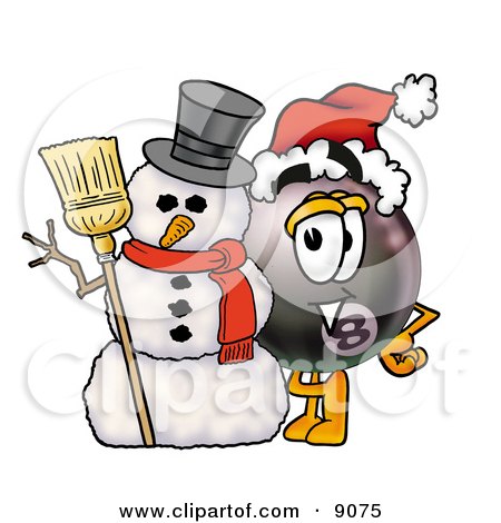 Clipart Picture of an Eight Ball Mascot Cartoon Character With a Snowman on Christmas by Mascot Junction