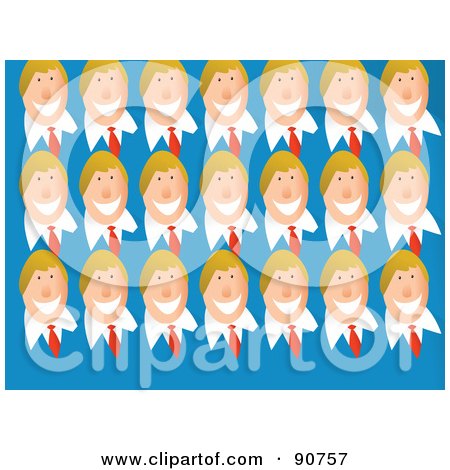 Royalty-Free (RF) Clipart Illustration of Rows Of Grinning Cloned Business Men Over Blue by Prawny