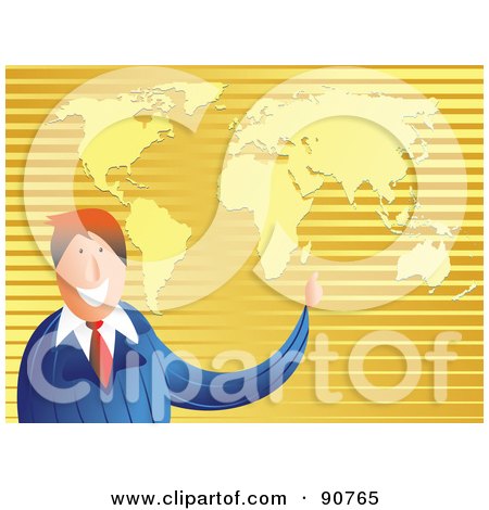 Royalty-Free (RF) Clipart Illustration of a Friendly Businessman Pointing To A Golden Map by Prawny