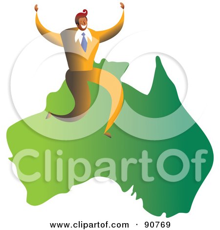 Royalty-Free (RF) Clipart Illustration of a Successful Businessman Sitting On A Map Of Australia by Prawny