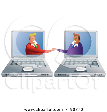 Royalty-Free (RF) Clipart Illustration of a Businessmen Shaking Hands From Laptop Screens by Prawny