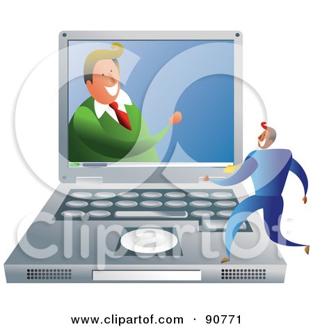 Royalty-Free (RF) Clipart Illustration of a Man On A Screen Talking To A Man On A Laptop by Prawny