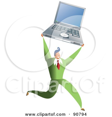 Royalty-Free (RF) Clipart Illustration of a Successful Businessman Holding Up A Laptop by Prawny