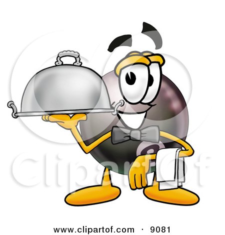 Clipart Picture of an Eight Ball Mascot Cartoon Character Dressed as a Waiter and Holding a Serving Platter by Toons4Biz